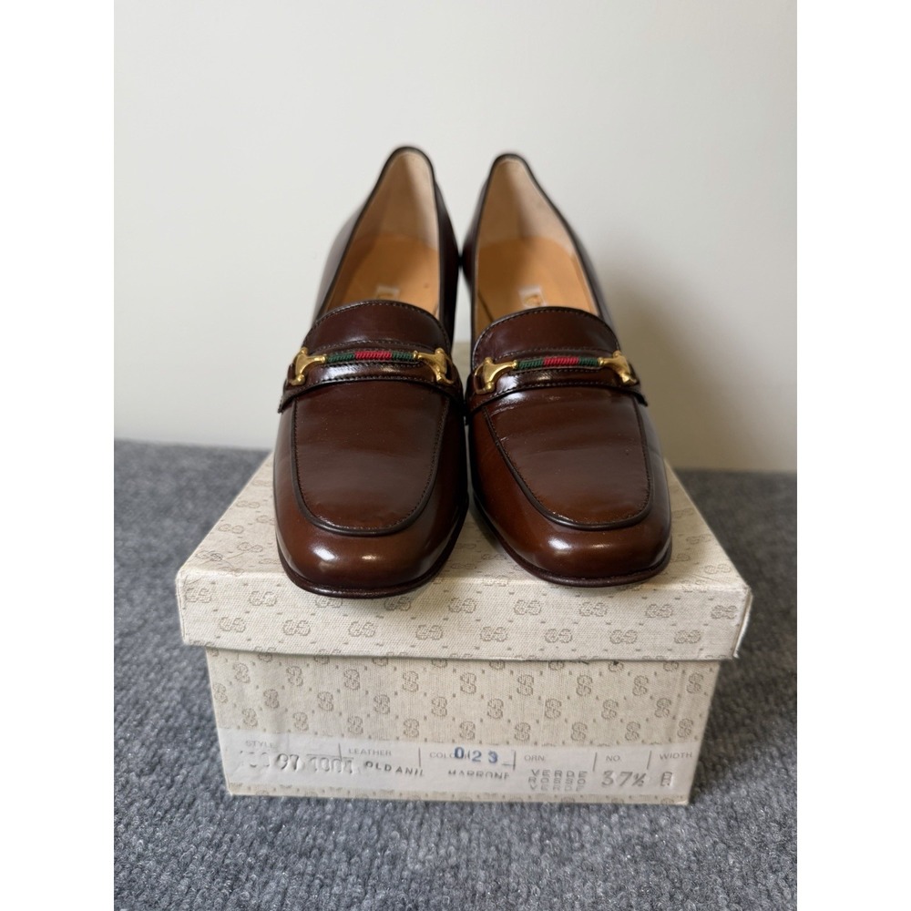 Vintage Gucci Horsebit Loafer Pumps Brown Leather 37.5 B Italy w/ Box